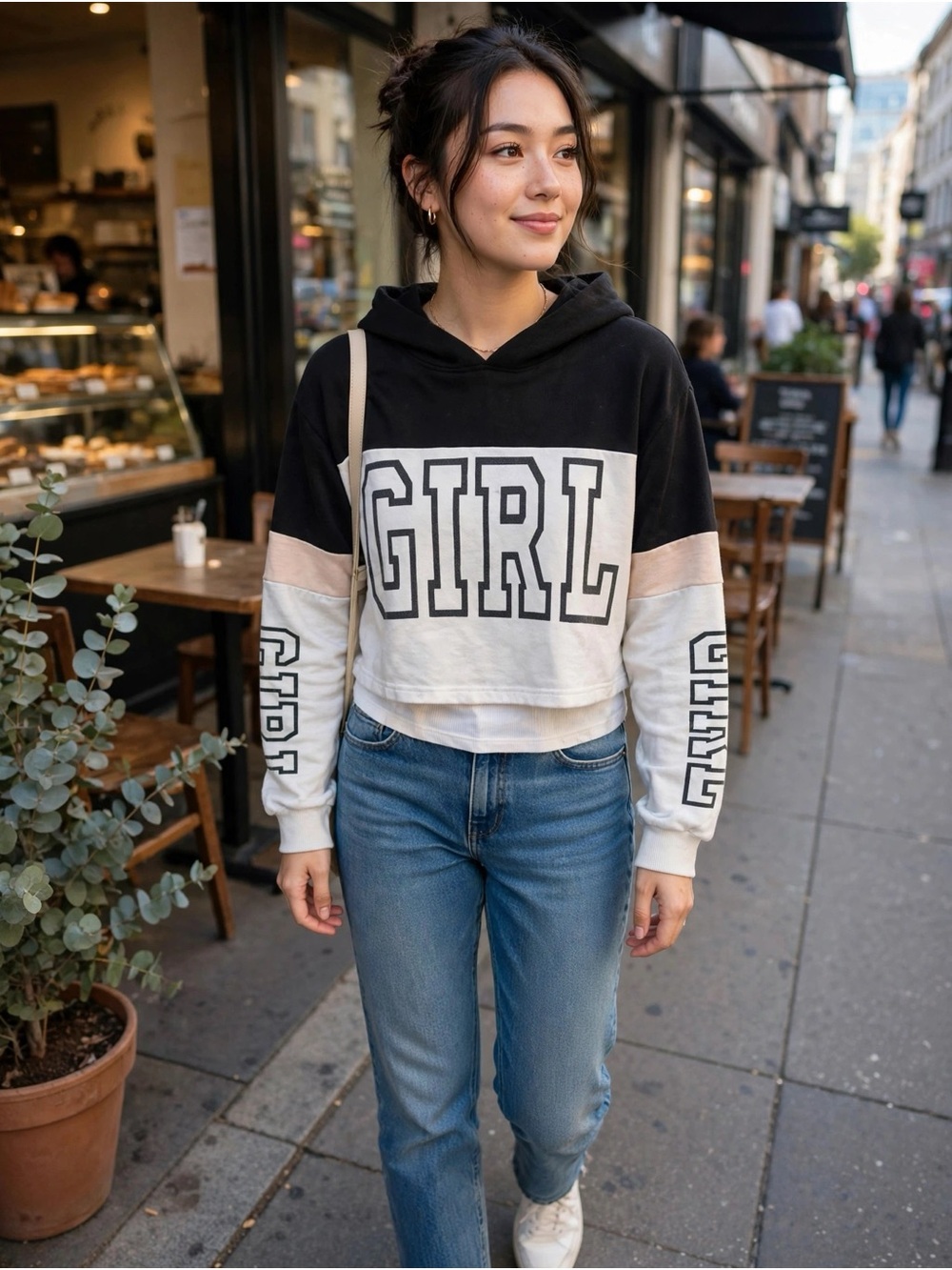 GIRL Colorblock Cropped Hoodie - Black, White & Light Pink Size Small-Crop Y2K